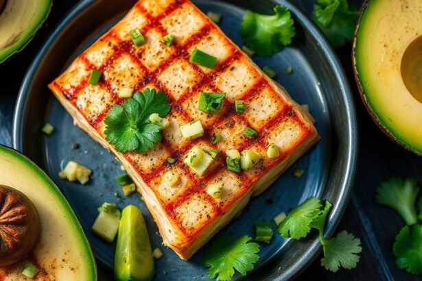 سلمون مشوي كيتو مع صلصة أفوكادو حامضة، تقديم شهي وصحي