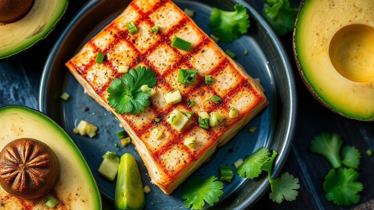سلمون مشوي كيتو مع صلصة أفوكادو حامضة، تقديم شهي وصحي