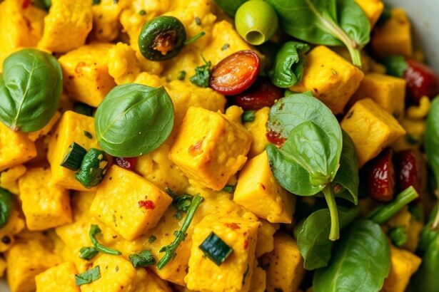 توفو مقلي بالكركم مع السبانخ، طبق مشرق وسهل