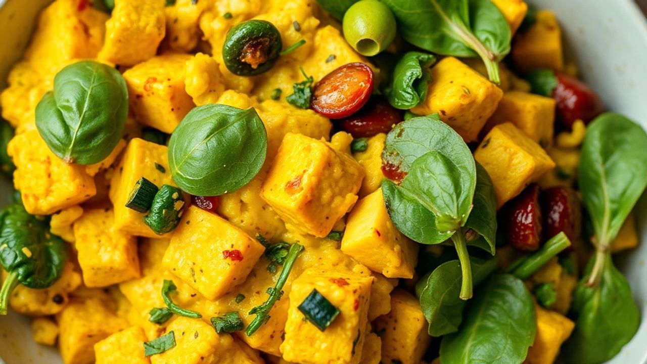 توفو مقلي بالكركم مع السبانخ، طبق مشرق وسهل