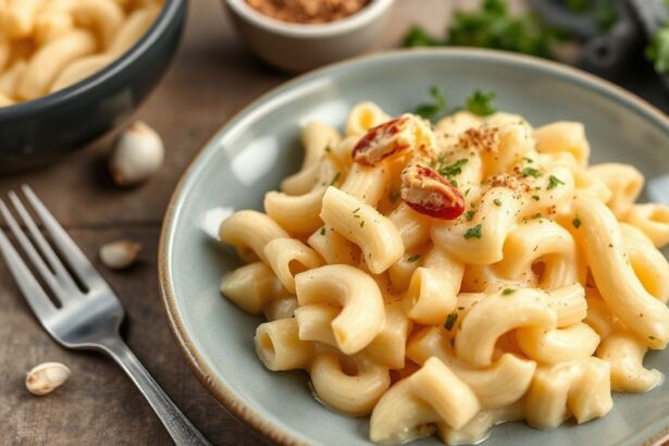 معكرونة ماك آند تشيز نباتية كريمية من صلصة الكاجو ومزينة ببقدونس