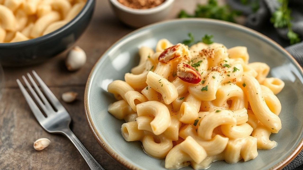 معكرونة ماك آند تشيز نباتية كريمية من صلصة الكاجو ومزينة ببقدونس