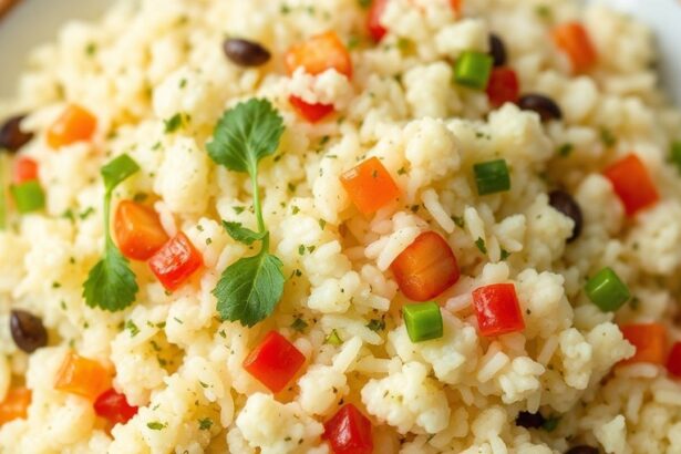 طبق بيلاف أرز القرنبيط النباتي قليل الكربوهيدرات مزين بالأعشاب