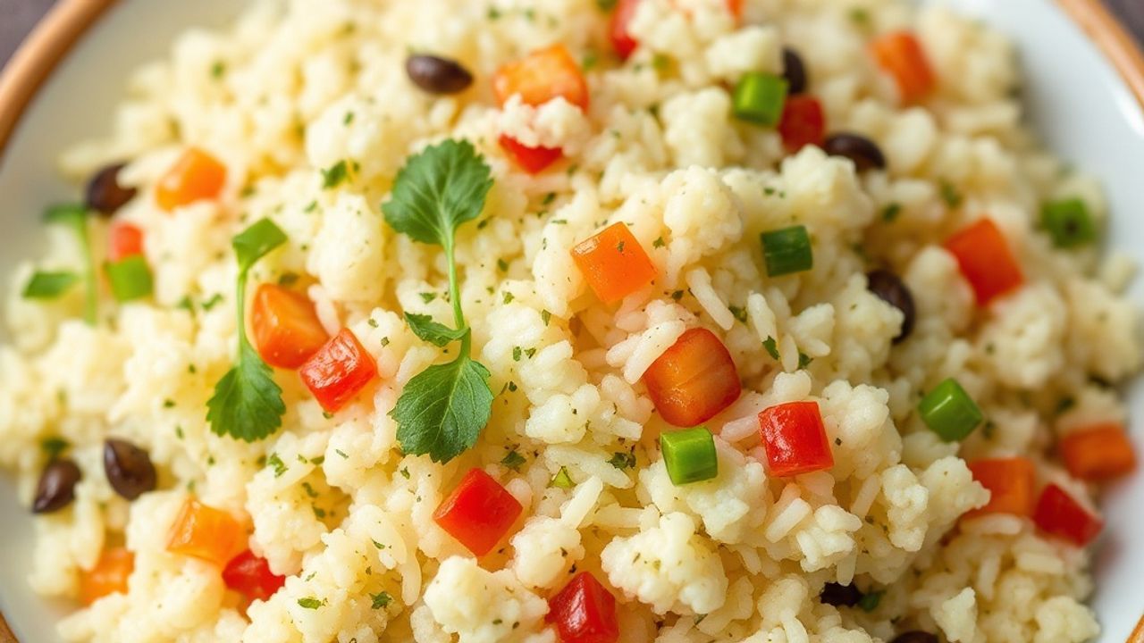 طبق بيلاف أرز القرنبيط النباتي قليل الكربوهيدرات مزين بالأعشاب