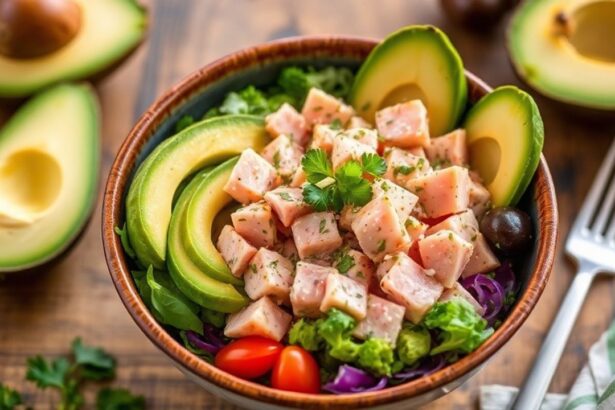 صحن تونة وأفوكادو غني بالبروتين، ملون وطازج