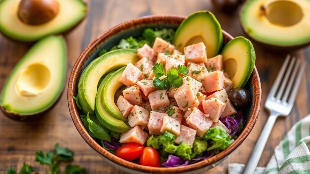صحن تونة وأفوكادو غني بالبروتين، ملون وطازج