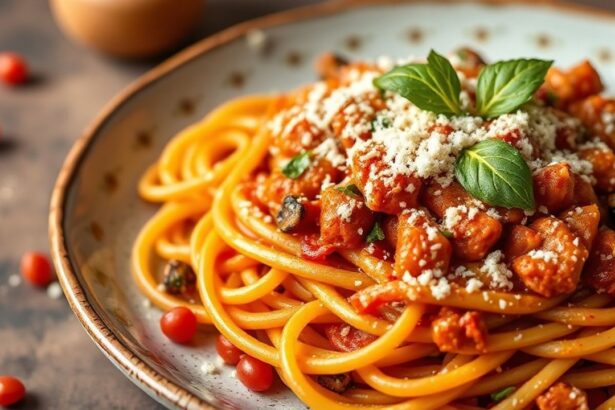 مكرونة العدس الأحمر مع صلصة طازجة وخضار، طبق مريح ومغذي