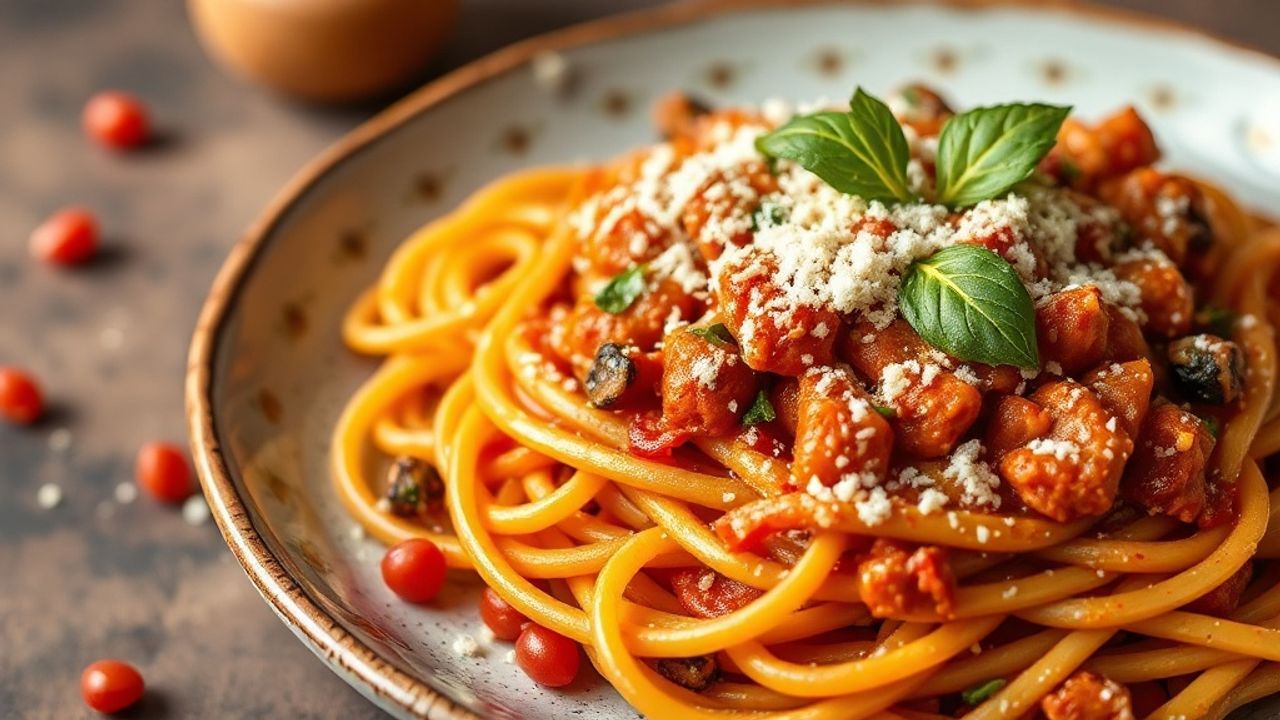 مكرونة العدس الأحمر مع صلصة طازجة وخضار، طبق مريح ومغذي