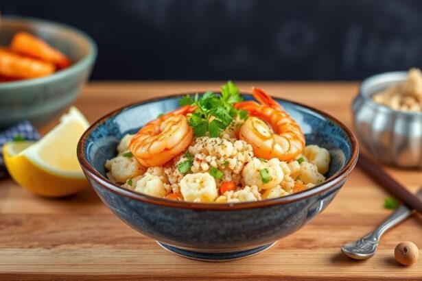 وعاء أرز القرنبيط مع روبيان بالثوم الحار وشرائح ليمون