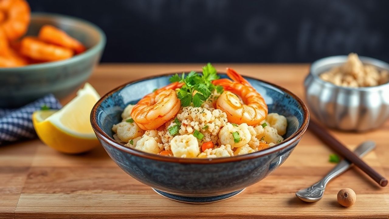 وعاء أرز القرنبيط مع روبيان بالثوم الحار وشرائح ليمون