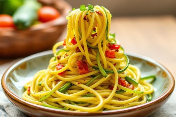 صحن نودلز الكوسا الطازجة بصلصة غنية وشرائح طماطم للعشاء