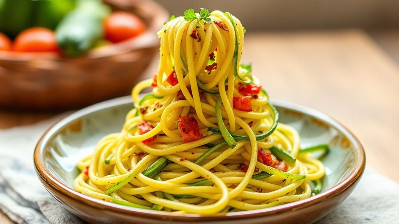 صحن نودلز الكوسا الطازجة بصلصة غنية وشرائح طماطم للعشاء
