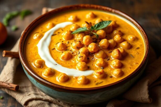 طبق كاري حمص نباتي كريمي بحليب جوز الهند مزين بالكزبرة وشرائح الليمون