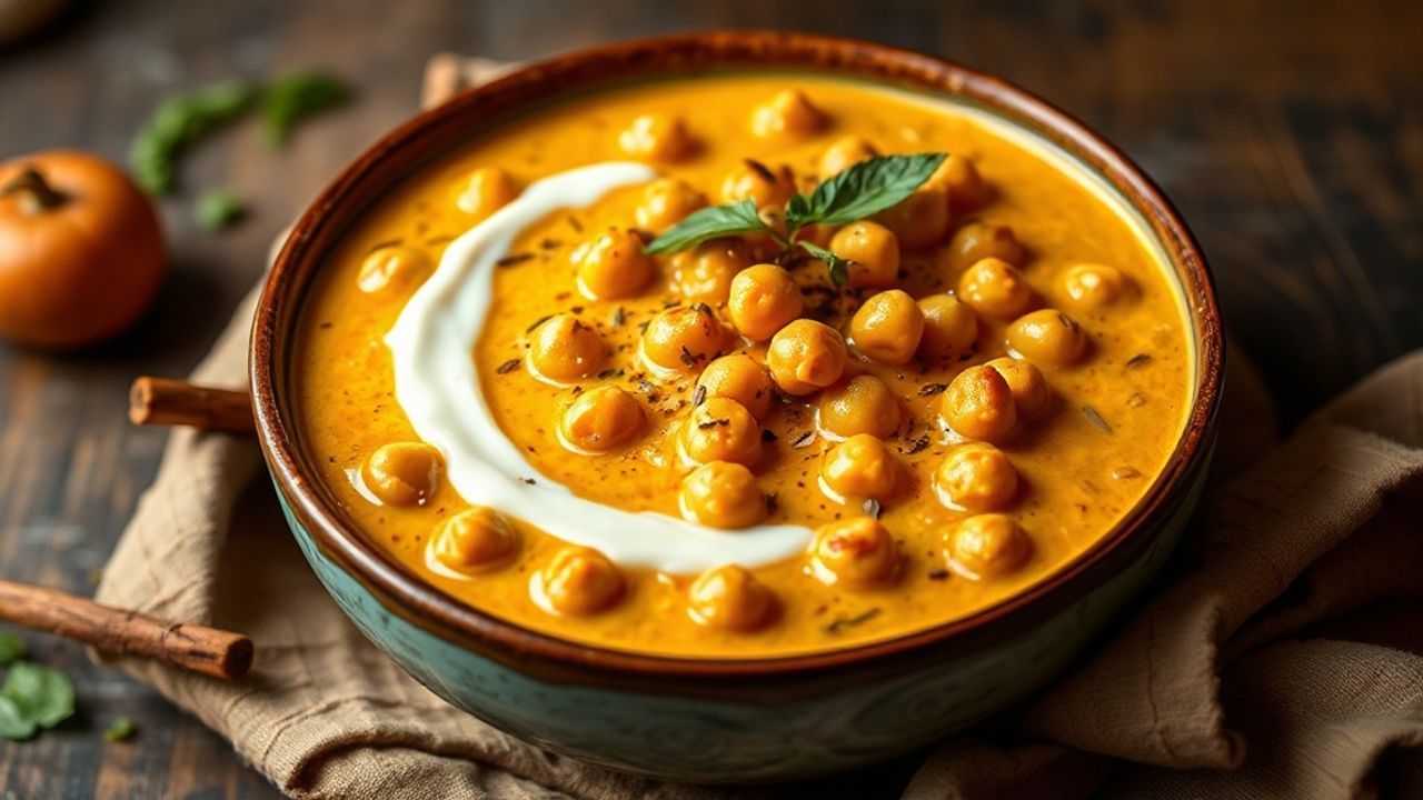 طبق كاري حمص نباتي كريمي بحليب جوز الهند مزين بالكزبرة وشرائح الليمون