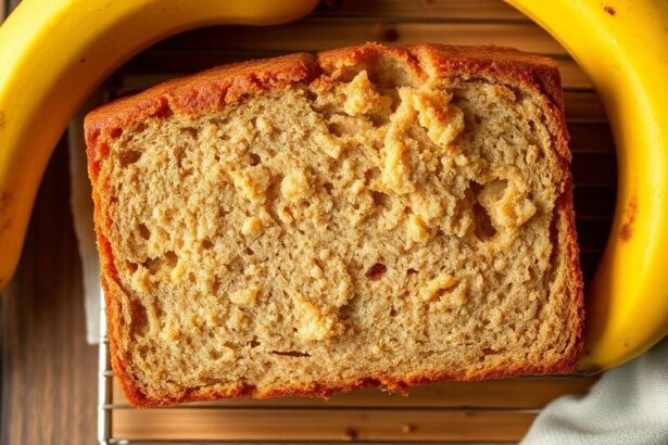 رغيف خبز الموز المثالي مقطّع على لوح خشبي وبجانبه موز ناضج