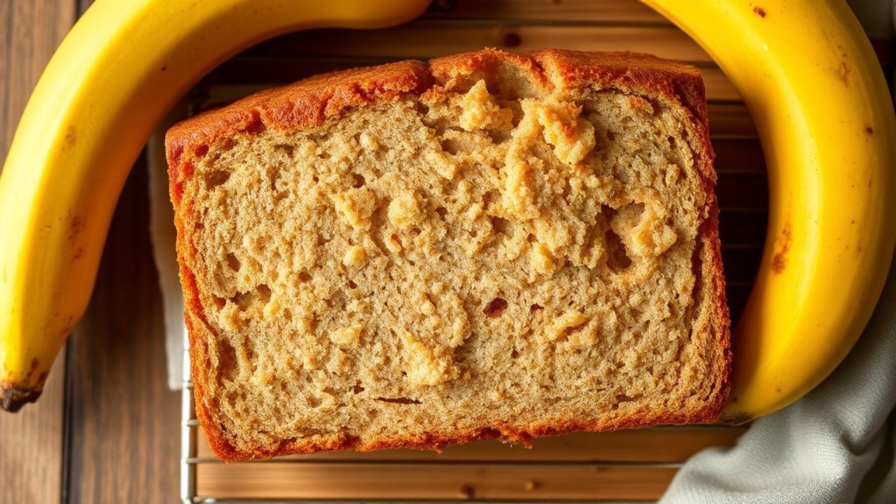 رغيف خبز الموز المثالي مقطّع على لوح خشبي وبجانبه موز ناضج