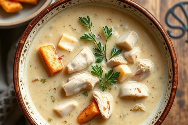 شوربة دجاج كريمية فاخرة في وعاء واحد، مزيّنة بأعشاب وخبز محمص