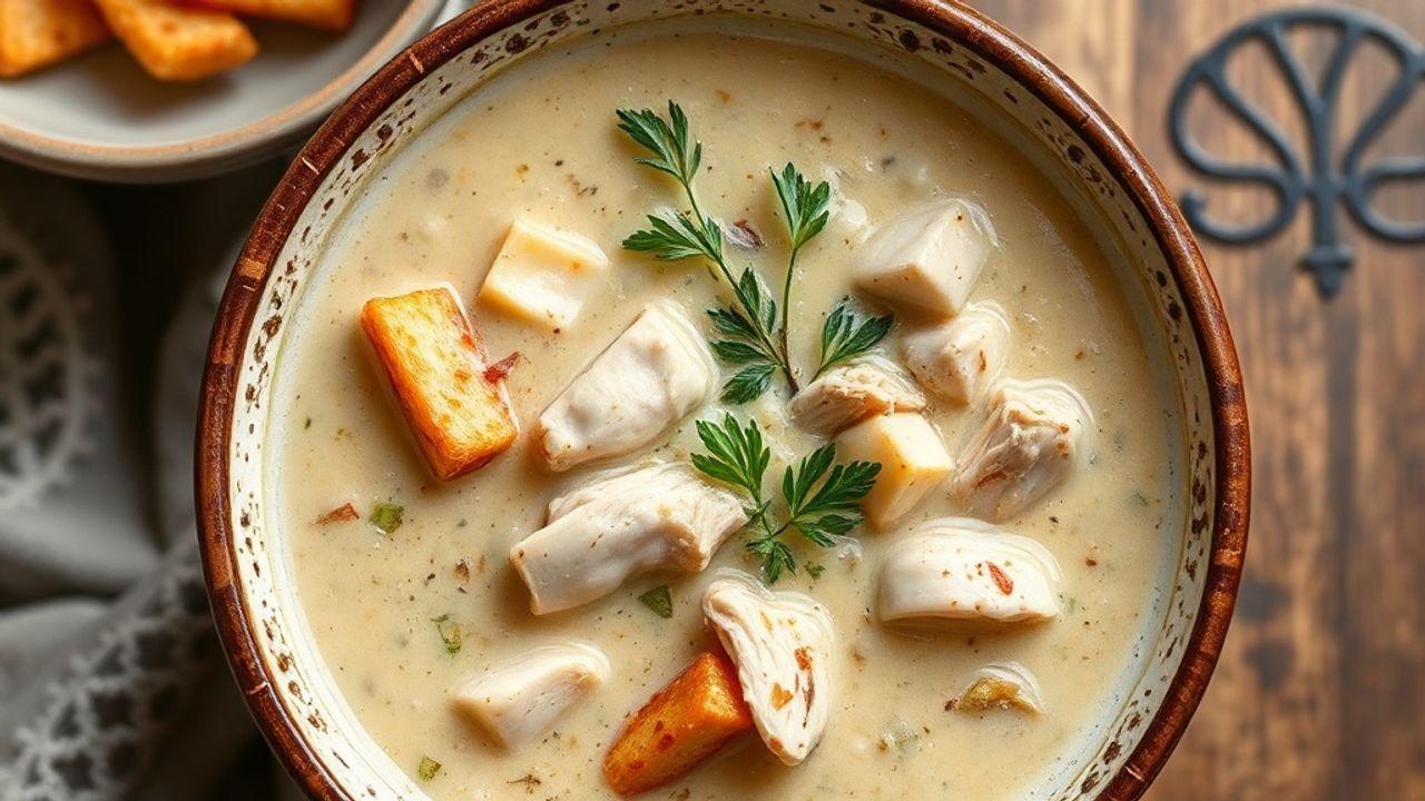 شوربة دجاج كريمية فاخرة في وعاء واحد، مزيّنة بأعشاب وخبز محمص