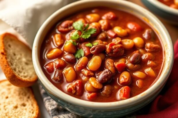 وعاء تشيلي بالفاصوليا الغني والدافئ مقدم مع خبز محمص