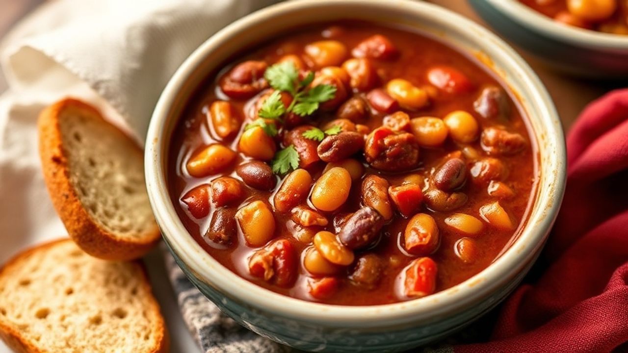 وعاء تشيلي بالفاصوليا الغني والدافئ مقدم مع خبز محمص