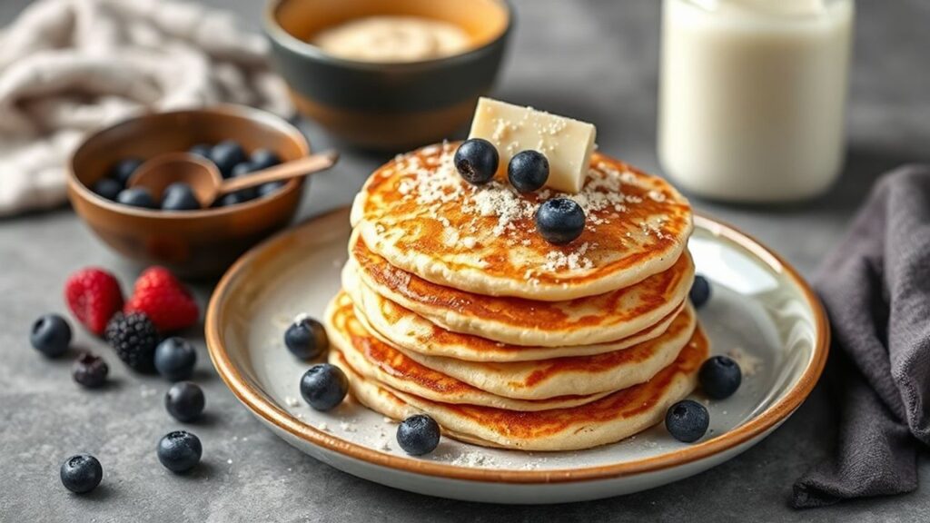 كومة فطائر جبن قريش هشة وغنية بالبروتين لبدء صباح نشيط