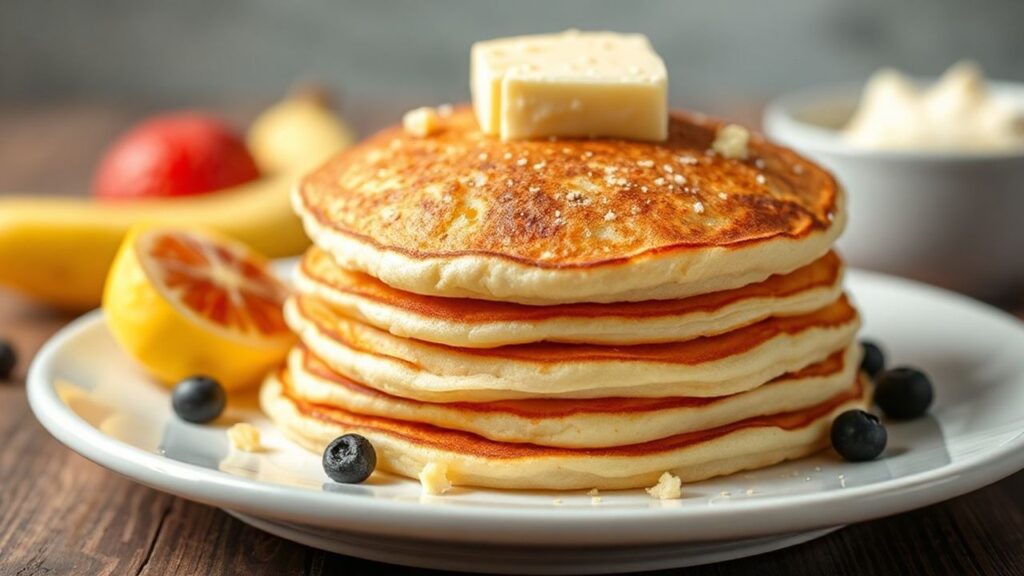 كومة فطائر جبن قريش هشة وغنية بالبروتين لبدء صباح نشيط