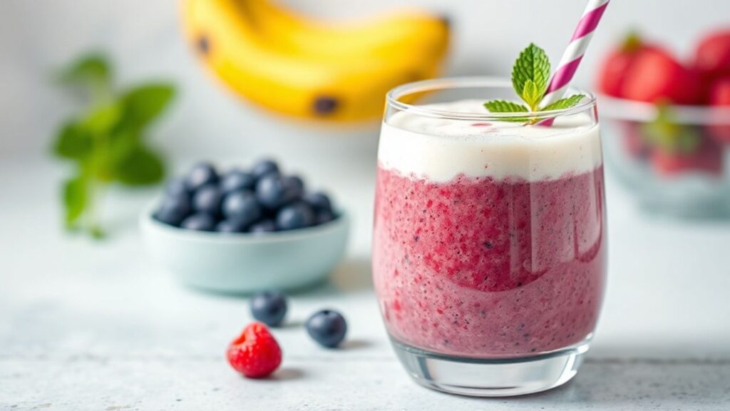 Greek Yogurt and berry protein smoothie in a glass