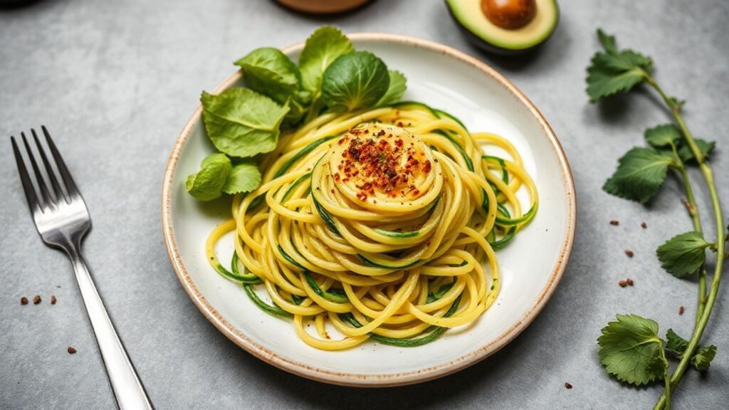 شرائح كوسا حلزونية طازجة في طبق أنيق مع لمسة أعشاب وزيت زيتون