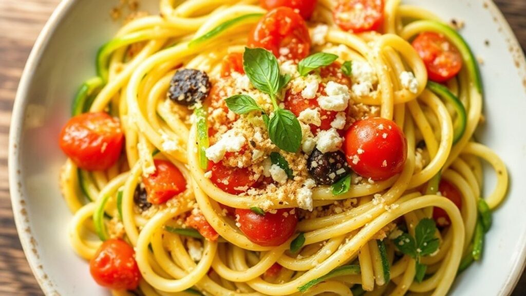 طبق نودلز الكوسا الشهية مع صلصة طازجة وتزيين بالأعشاب والجبن