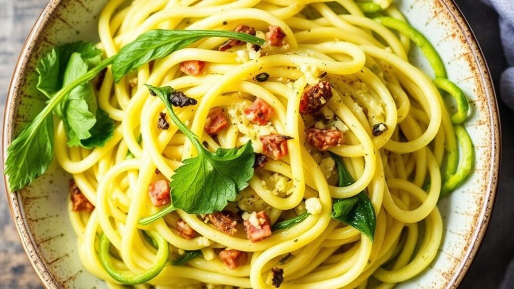 طبق نودلز الكوسا الشهية مع صلصة طازجة وتزيين بالأعشاب والجبن