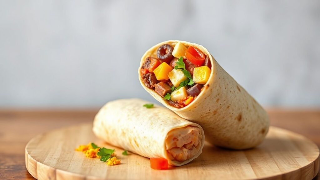Protein-packed breakfast burrito with eggs and avocado
