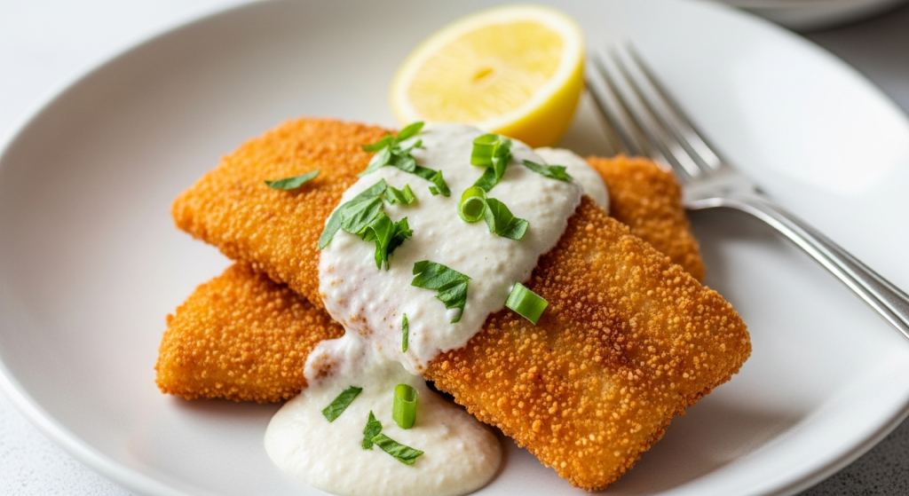 Crispy Fried Fish Drizzled with Coconut Herb Sauce Delight