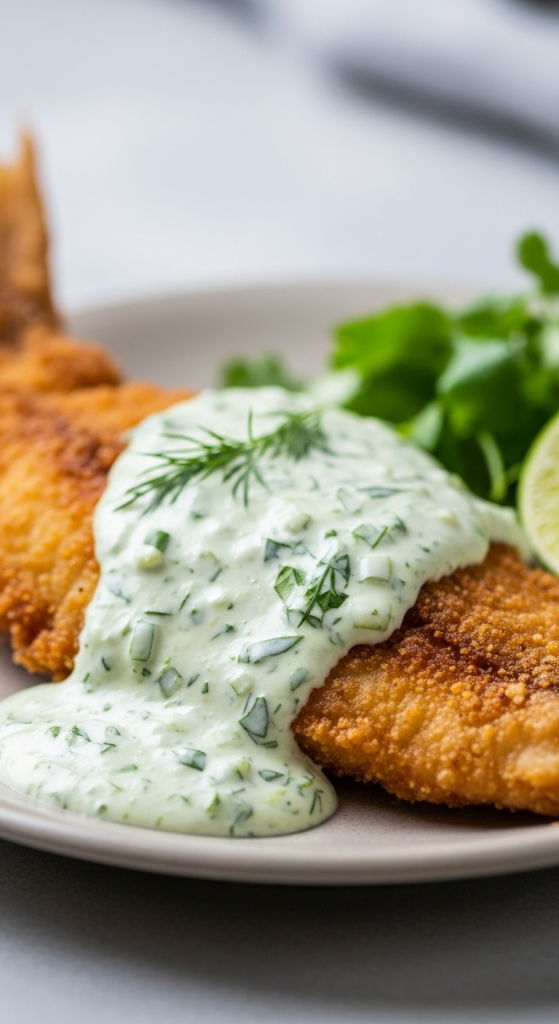 Crispy Fried Fish Drizzled with Coconut Herb Sauce Delight