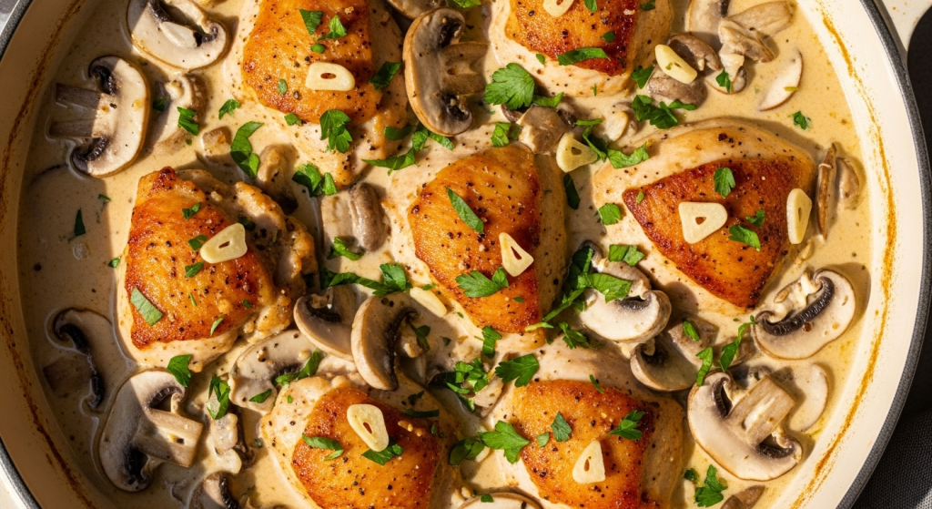 One-Pot Creamy Garlic Mushroom Chicken: Simple & Savory Delight