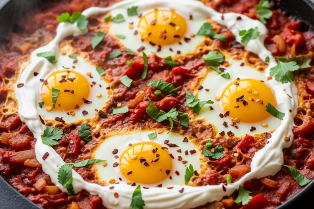 Savor Creamy Shakshuka: Eggs Swimming in Rich Tomato Sauce