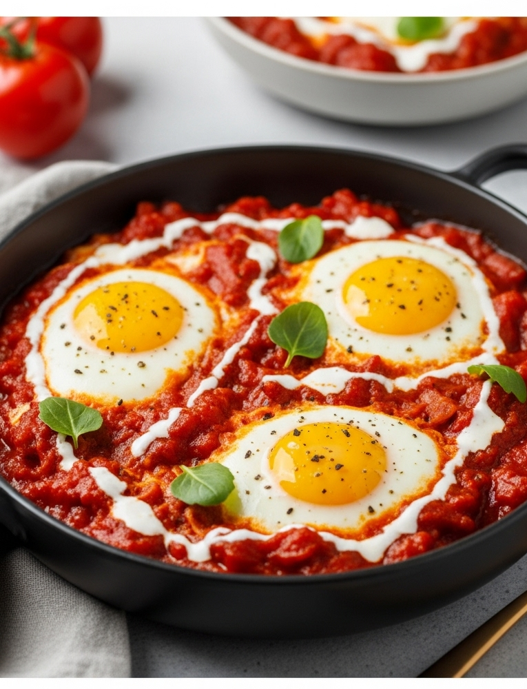 Savor Creamy Shakshuka: Eggs Swimming in Rich Tomato Sauce