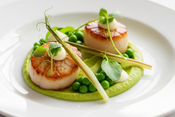 Savor Seared Scallops with Vibrant Ramp and Pea Purée