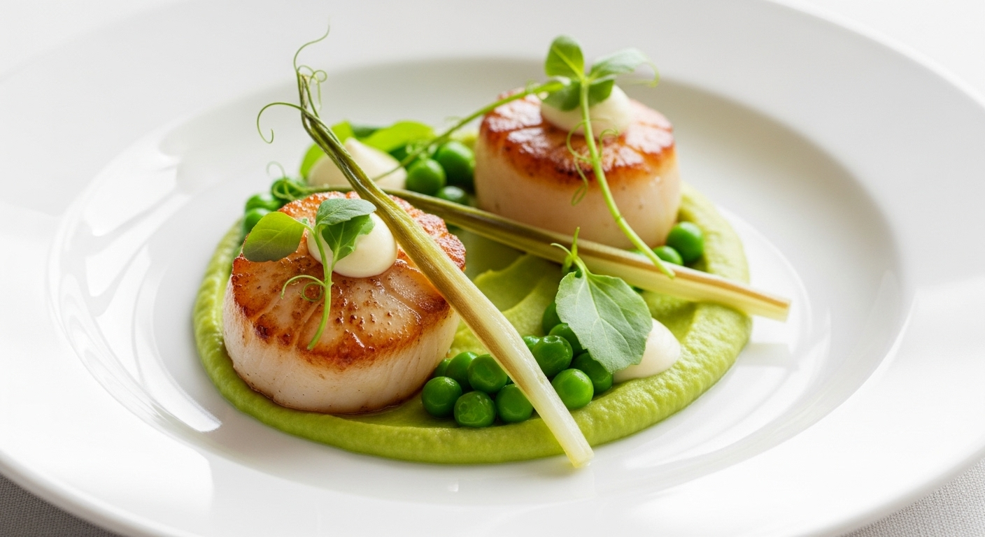 Savor Seared Scallops with Vibrant Ramp and Pea Purée