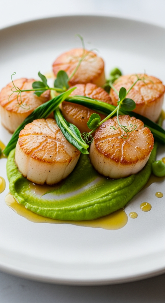 Savor Seared Scallops with Vibrant Ramp and Pea Purée