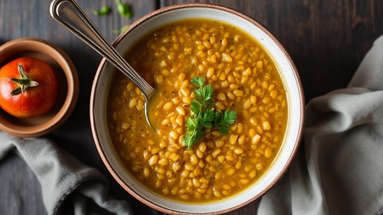 وعاء حساء العدس الدافئ، مغذٍ ومريح، ملعقة تقطر دفئاً