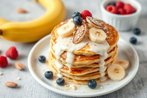 أفضل فطائر موز غنية بالبروتين بدقيق اللوز، مكدسة مع شراب وتزيين