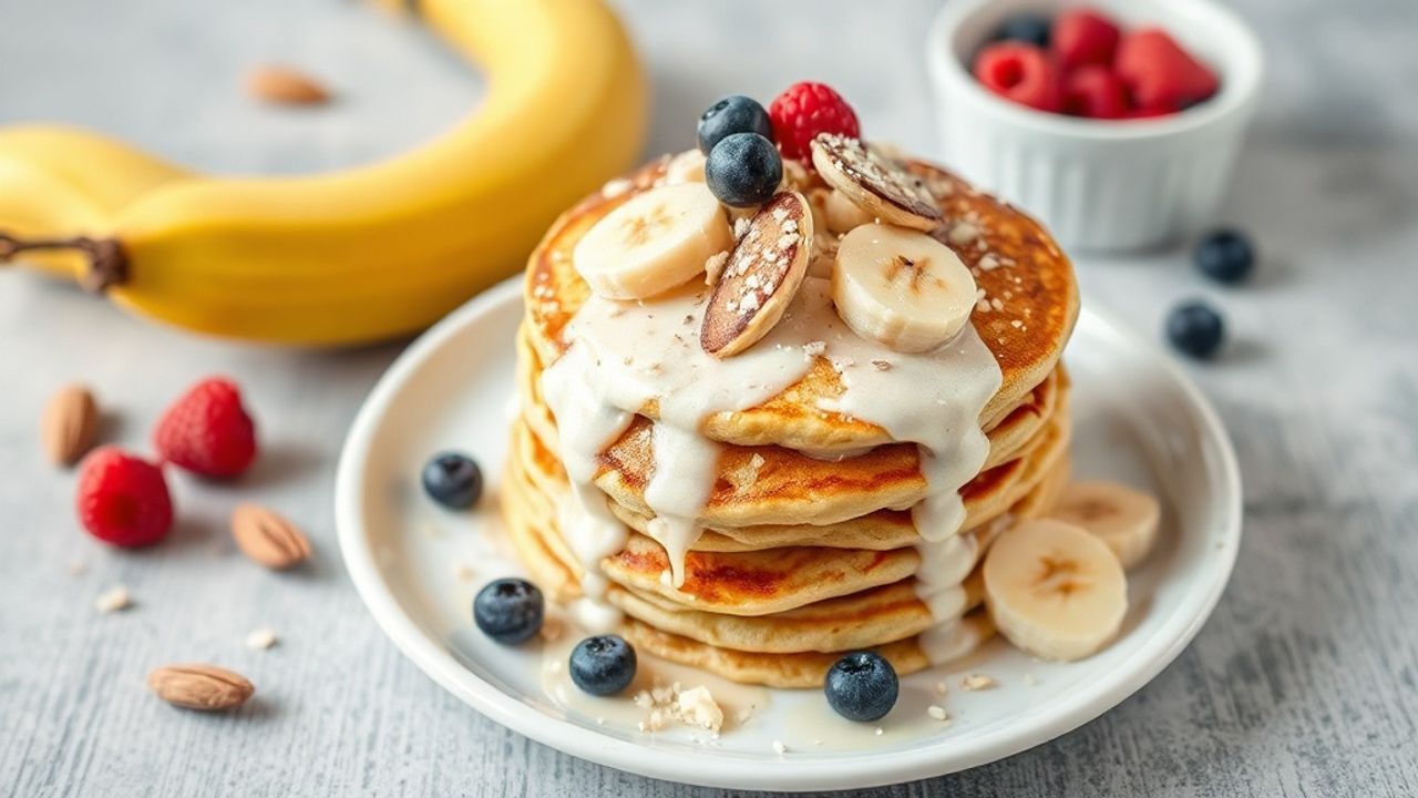 أفضل فطائر موز غنية بالبروتين بدقيق اللوز، مكدسة مع شراب وتزيين