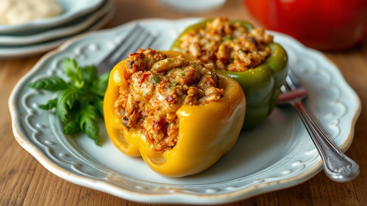 فلفل محشي كلاسيكي قديم الطراز على طبق، مظهر دافئ ومريح