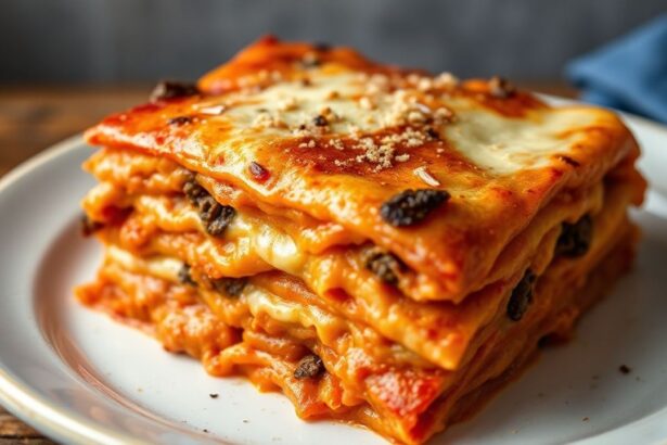 لازانيا نباتية متعددة الطبقات مع صلصة غنية وجبن نباتي ذائب