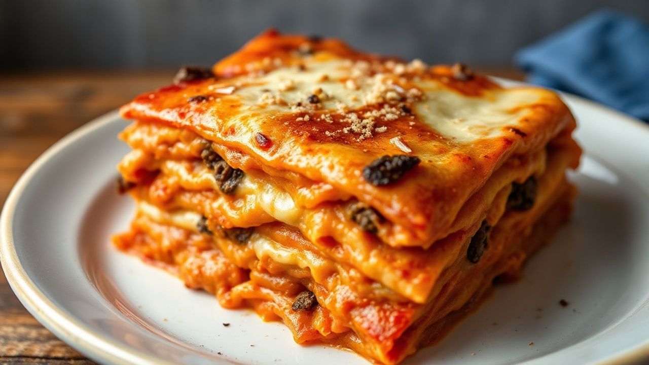 لازانيا نباتية متعددة الطبقات مع صلصة غنية وجبن نباتي ذائب