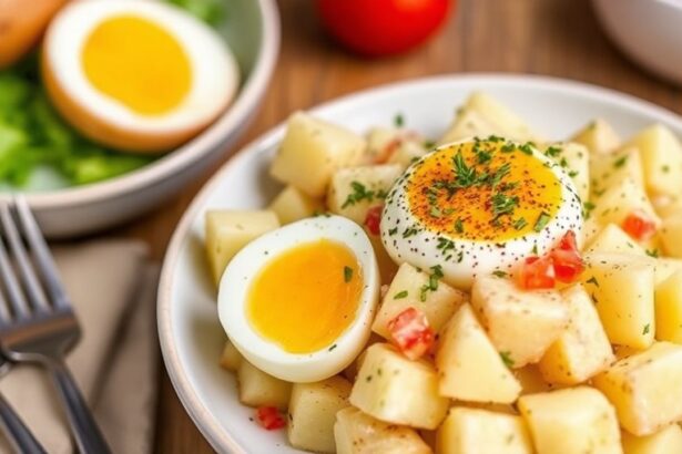 سلطة بطاطس كلاسيكية مع البيض، كريمية ومزينة بالأعشاب الطازجة