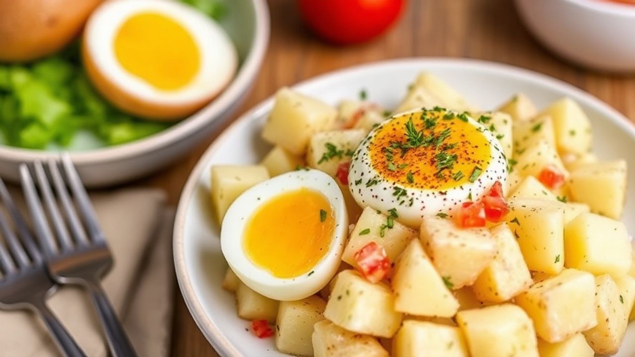 سلطة بطاطس كلاسيكية مع البيض، كريمية ومزينة بالأعشاب الطازجة