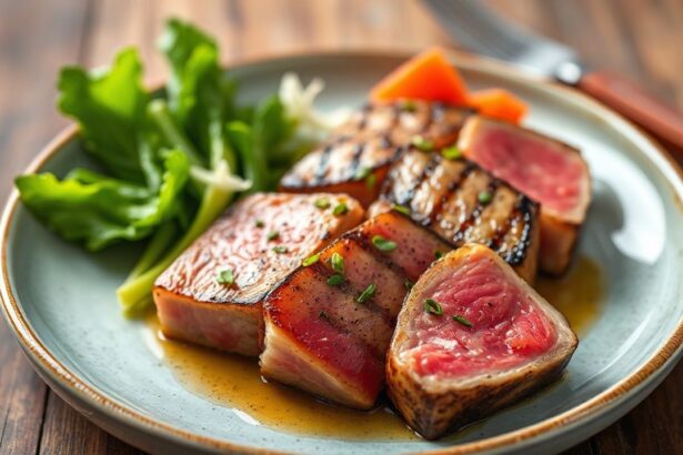 شريحة تونة مشوية ذهبية على طبق مع أعشاب وخضار ملونة