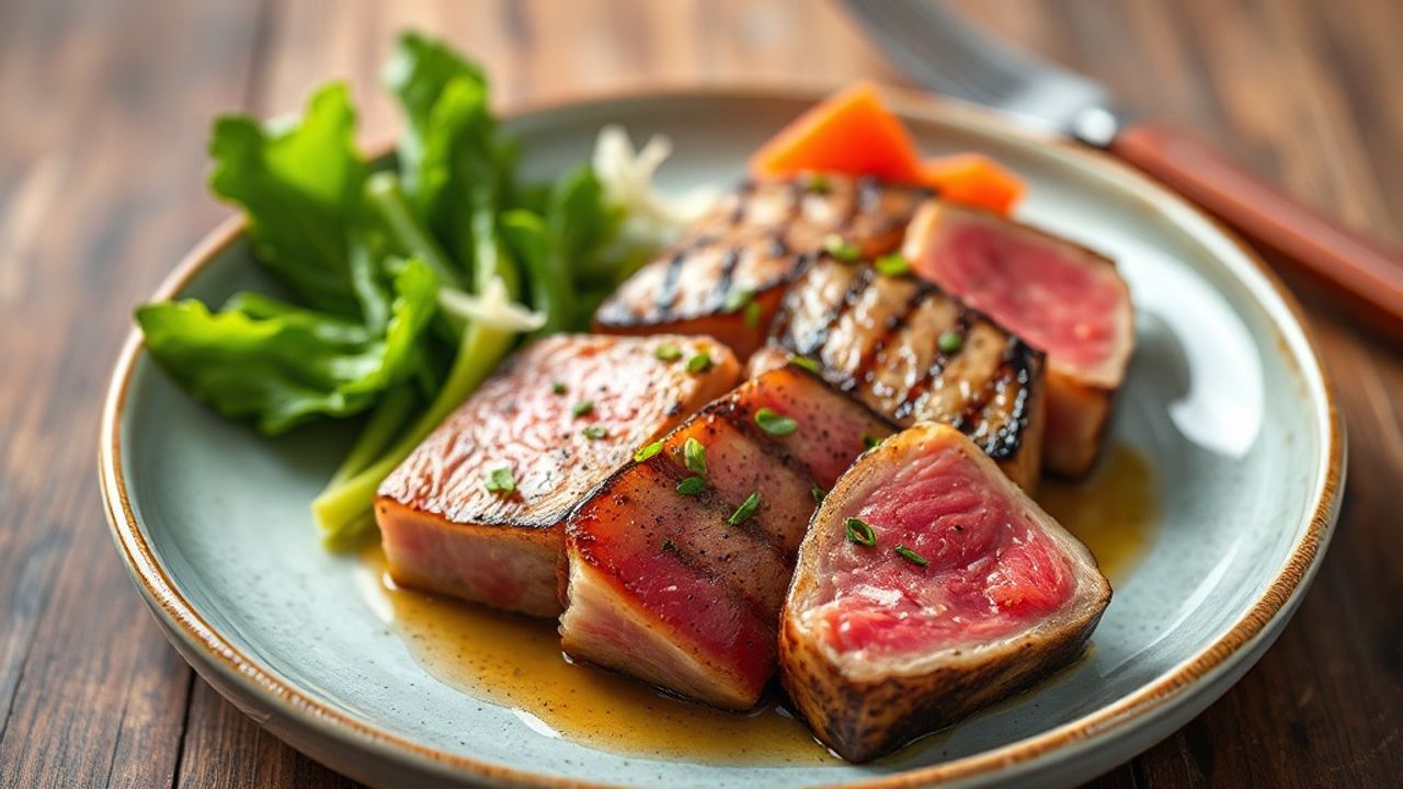 شريحة تونة مشوية ذهبية على طبق مع أعشاب وخضار ملونة