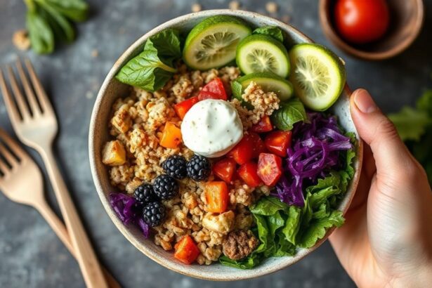 أطباق نباتية غنية بالبروتين بألوان زاهية: حبوب، خضار، توفو، بذور، طبق صحي مغذٍ